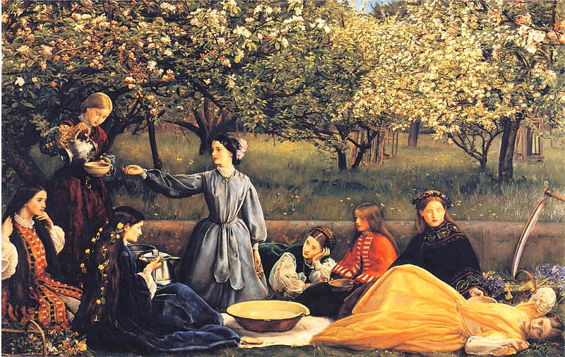 Apple blossoms, art, people, garden, painting, john everett millais, pictura, HD wallpaper