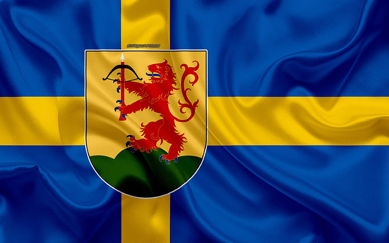 Coat of arms of Kronoberg lan silk flag, Swedish flag, Kronoberg County, Sweden, flags of the Swedish lan, silk texture, Kronoberg lan, coat of arms, HD wallpaper
