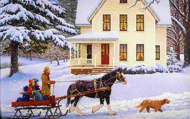 Winter Excursion, house, horse, artwork, winter, tree, snow, people, sledge, dog, HD wallpaper