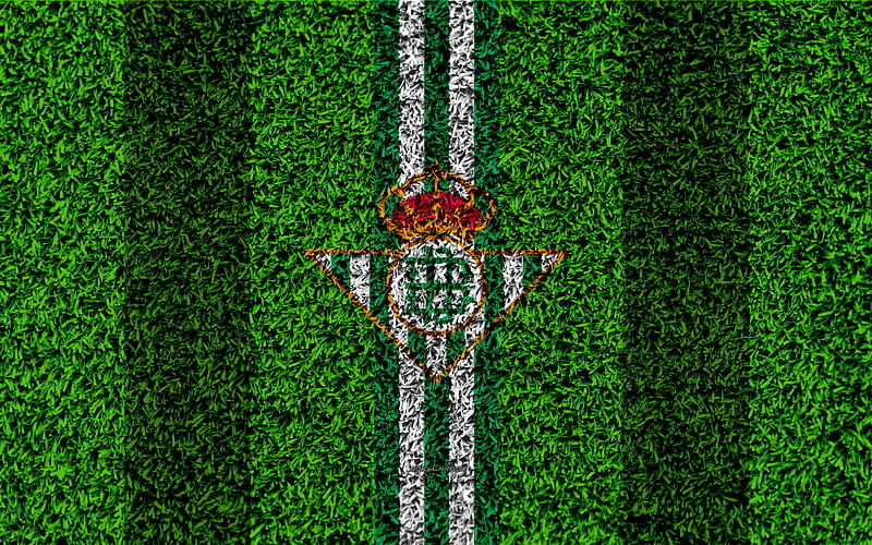 Real Betis FC logo, football lawn, Spanish football club, green white lines, grass texture, emblem, La Liga, Sevilla, Spain, football, Real Betis Balompie, HD wallpaper