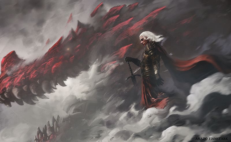 The Eternal Prince (Daemon Targaryen), red, man, daemon targaryen, anato finnstark, game of thrones, house of the dragon, white, art, fantasy, dragon, HD wallpaper