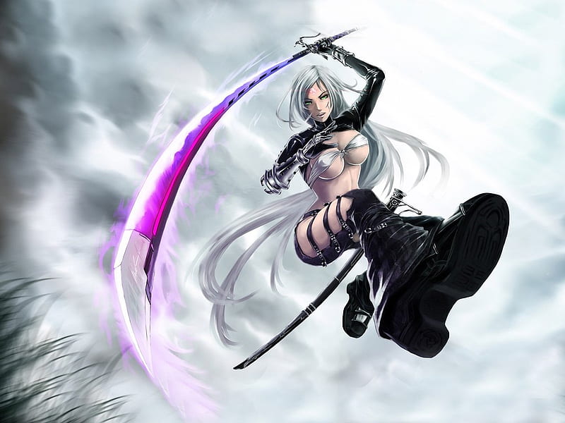 heavenly strike, purple, bra, grass, angel, green eyes, grey hair, wing, sword, HD wallpaper