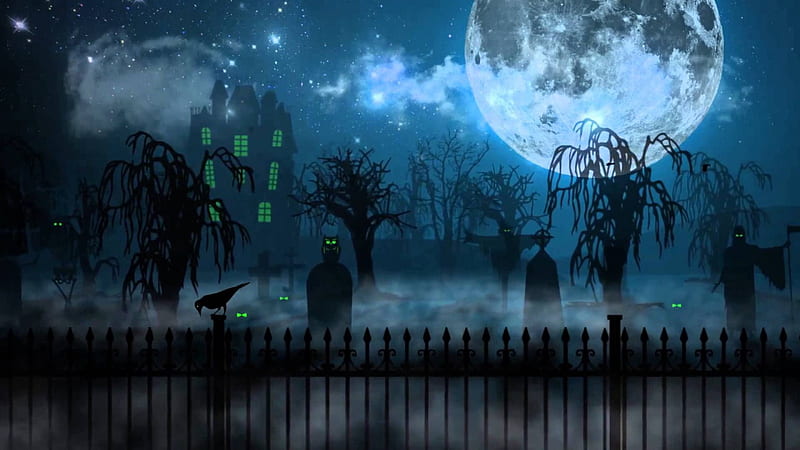 Halloween Night, fence, house, clouds, fog, grim reaper, reaper, graves, moon, full moon, graveyard, stars, owl, cemetery, tombstones, birds, scarecrow, trees, bird, HD wallpaper