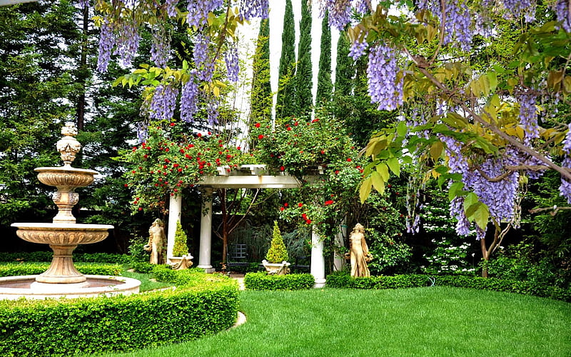 Beautiful garden, Garden, Grass, bonito, Fountain, Nature, HD wallpaper