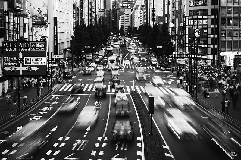 cars, long exposure, street, city, black and white, japan, HD wallpaper