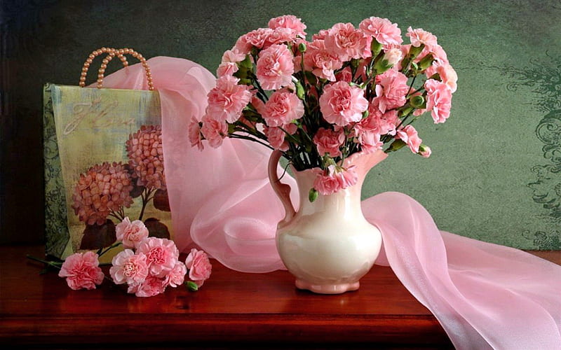 Carnation pinks, vase, flowers, carnations, pink, HD wallpaper