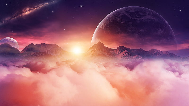 Sci Fi, Landscape, Cloud, Galaxy, Moon, Mountain, Planet, Sky, Sunbeam, Sunset, HD wallpaper
