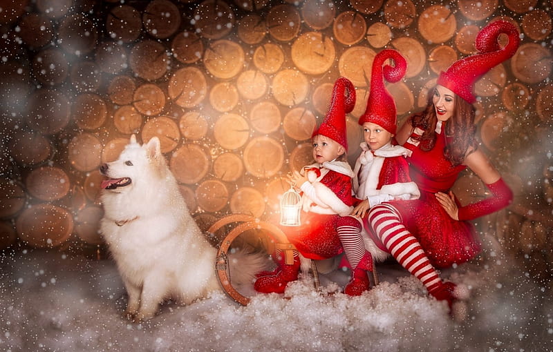 Santa's elves, red, copii, craciun, orange, christmas, elf, children, woman, animal, cute, samoyed, child, white, dog, HD wallpaper