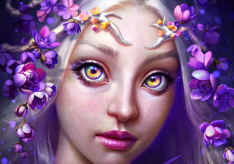 Fae Queen, art, yellow eyes, viccolatte, purple, flower, beauty, face ...