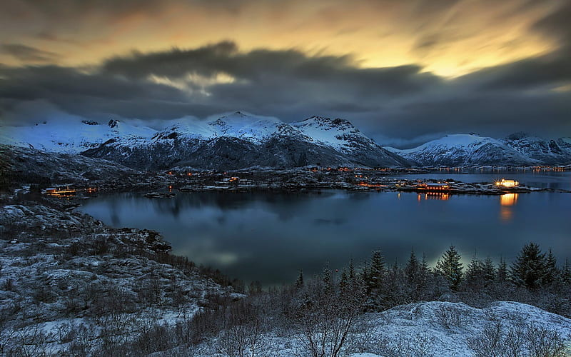 Beautiful View, sunset, winter time, sky, clouds, lights, sea, winter ...