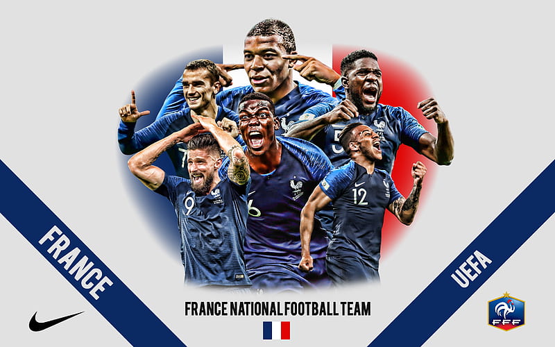 France national football team, logo, emblem, team leaders, UEFA, France, football, Antoine Griezmann, Kylian Mbappe, Paul Pogba, HD wallpaper