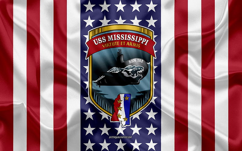 USS Mississippi Emblem, SSN-782, American Flag, US Navy, USA, USS Mississippi Badge, US warship, Emblem of the USS Mississippi, HD wallpaper