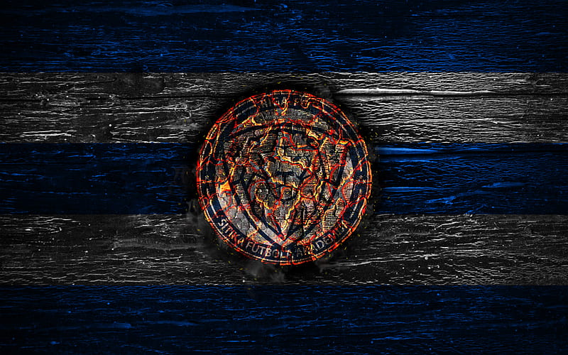Riga FC, fire logo, SynotTip Virsliga, blue and white lines, Latvian football club, grunge, football, soccer, Riga logo, wooden texture, Latvia, HD wallpaper