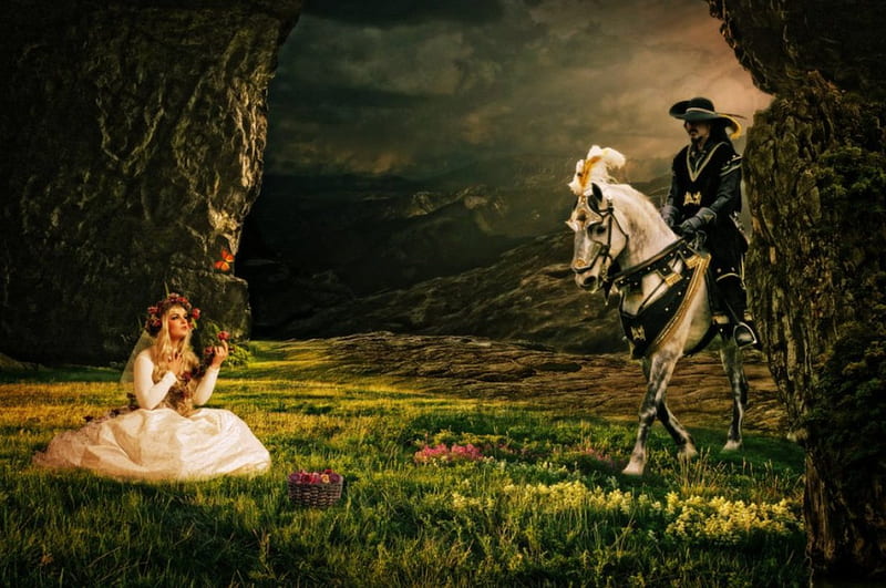 Rendezvous, fantasy, lady, horse, field, HD wallpaper