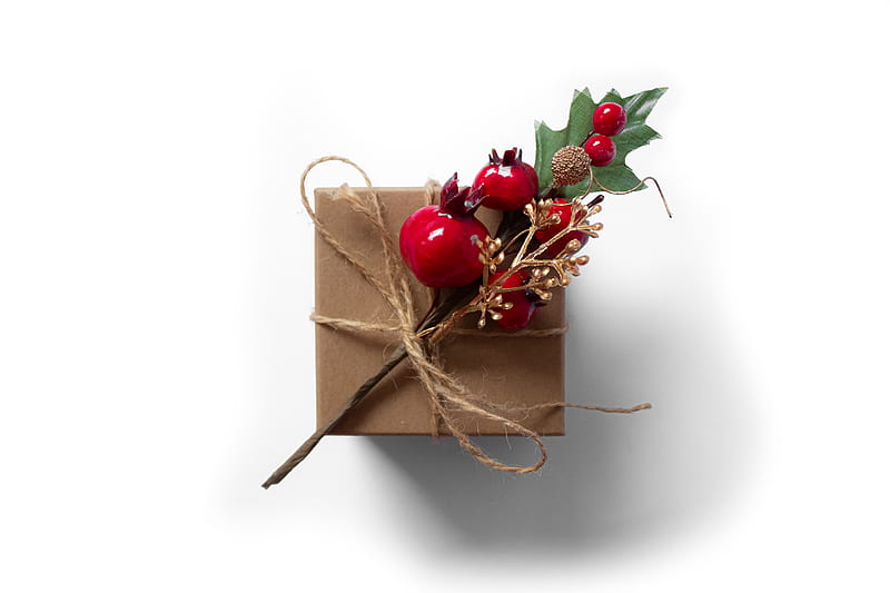 red cherries on brown gift box, HD wallpaper