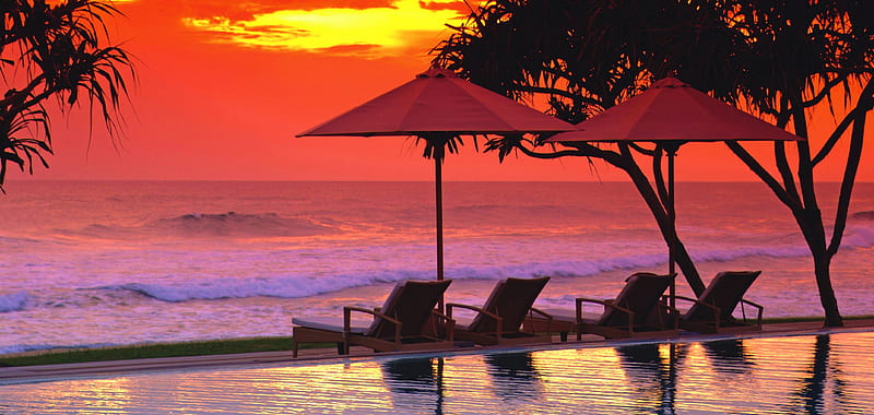 Tropical Sunset, umbrellas, beach, tree, sun, chairs, sky, sea, HD wallpaper