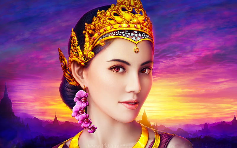 Elephant Empress, woman, art, indian, queen, bonito, jewelry, fantasy, orchids, girl, digital, empress, face, HD wallpaper