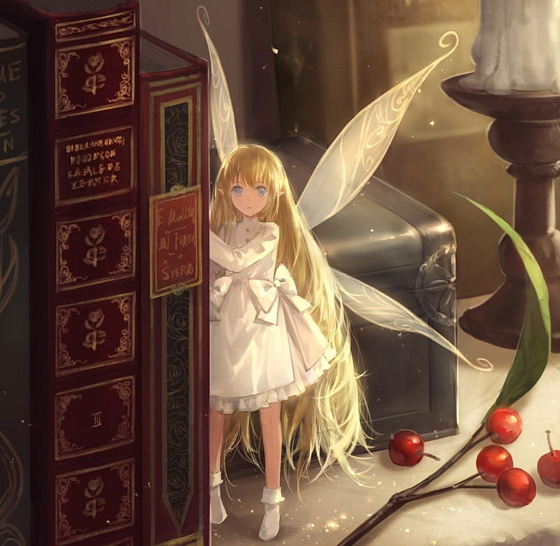 Cute Fairy, red, pretty, dress, brown, books, fruits, cherries, tie, box, bonito, ribbons, woman, sweet, fantasy, anime, long hair, fairy, table, art, candle, female, wings, lovely, blonde hair, soft, abstract, cute, fairy wings, lady, white, HD wallpaper