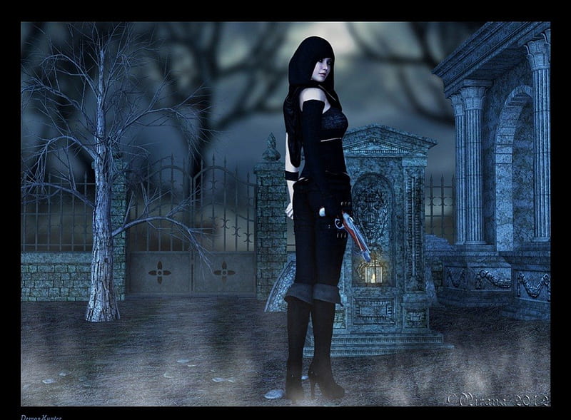 Demon Hunter, fantasy, moon, demon, gothic, graveyard, trees, hunter, fog, HD wallpaper