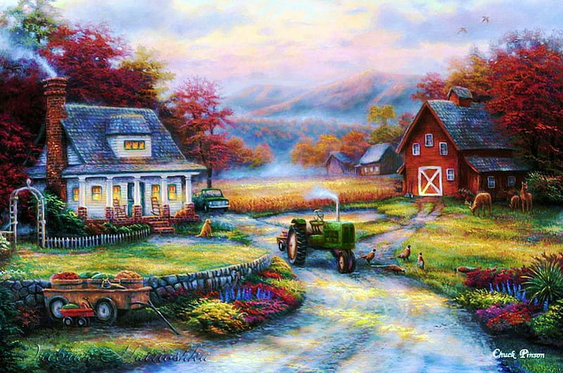 Country Cottages, autumn, tractor, painting, road, trees, landscape, HD wallpaper