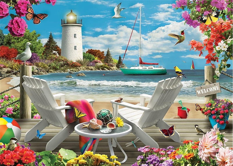 Relaxing by the Seaside, beach, art, alana, chairs, seaside, puzzle, relaxing, light, house, HD wallpaper