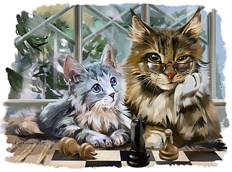 Your move!, art, lorri kajenna, cat, kitten, chess, couple, animal, pisica,  HD wallpaper | Peakpx
