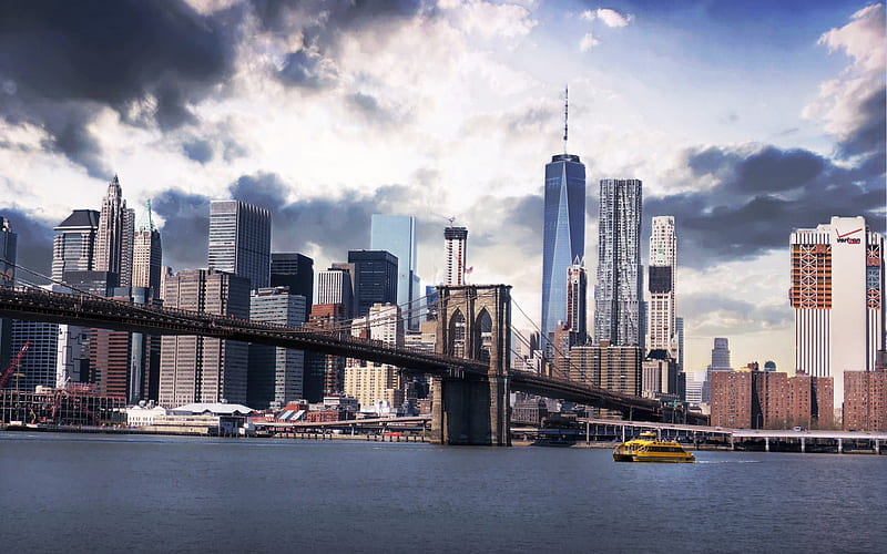 Brooklyn Bridge, New York, World Trade Center 1, USA, skyscrapers, July 4, metropolis, cityscape, Brooklyn, skyline, HD wallpaper