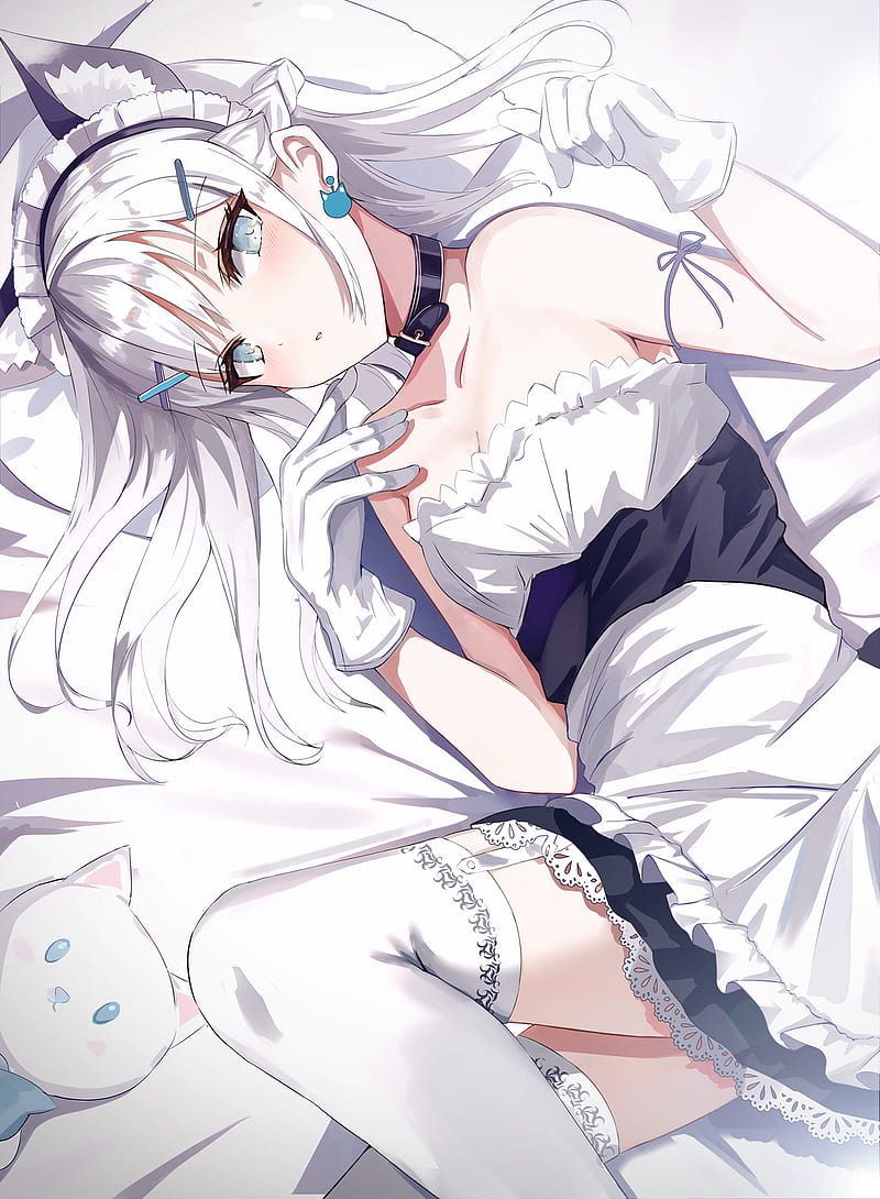 portrait display, vertical, anime, anime girls, digital art, artwork, 2D, Greennight, white hair, blue eyes, animal ears, blush, bare shoulders, maid outfit, thigh-highs, in bed, HD phone wallpaper