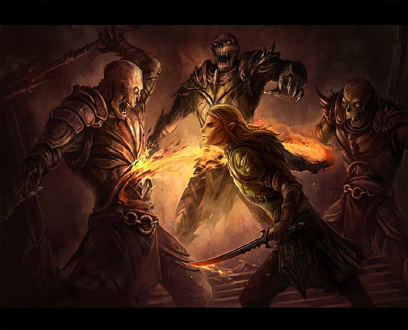 Fighting The Undead, fire, male, undead, magic blades, elf, HD wallpaper