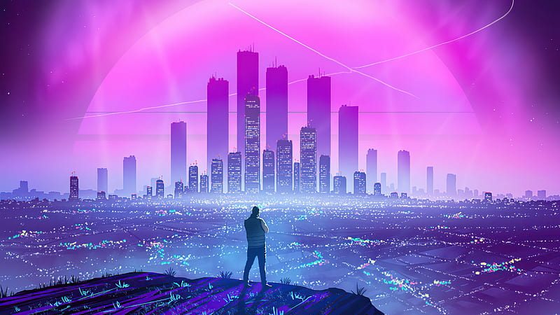 Purple Pink Lights Of Cityscape Synthwave Buildings Vaporwave, HD wallpaper