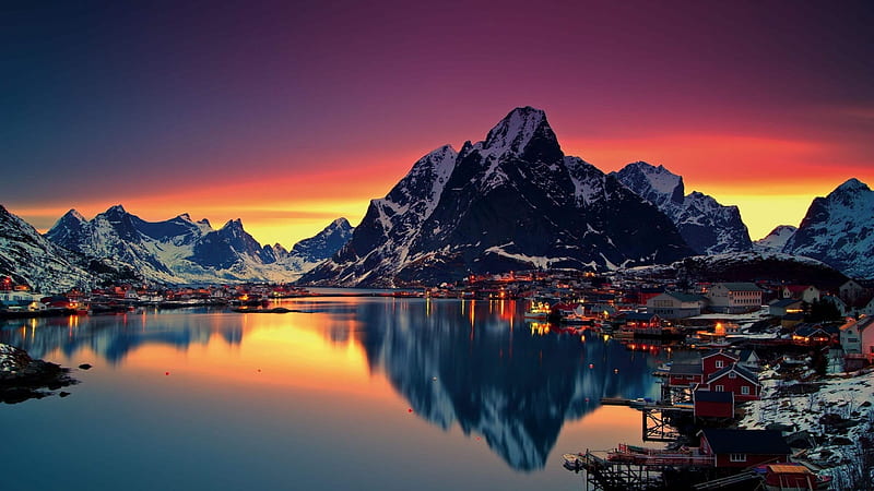 Lofoten Islands, Norway, houses, mountains, sea, snow, colors, sky, HD wallpaper