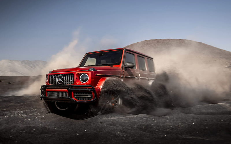 Mercedes-Benz G63 AMG, 2019, G-Class, front view, exterior, red new G63, red SUV, tuning G63, desert, black sand, Mercedes, HD wallpaper