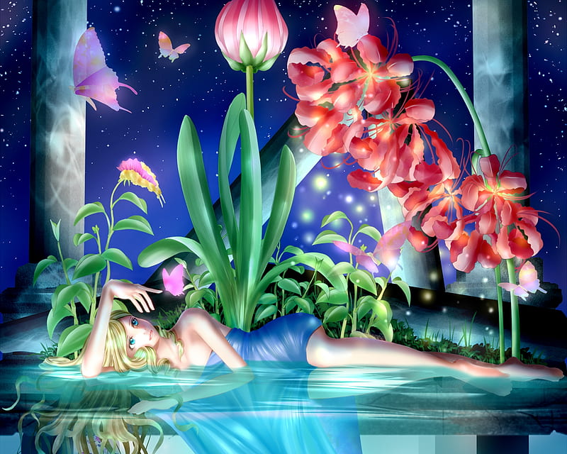 Realistic Anime, pretty, grass, plant, magic, wing, sweet, nice, fantasy, butterfly, anime, beauty, anime girl, realistic, long hair, wings, leave, sky, sexy, abstract, cute, water, red, bonito, animal, green, hot, blue eyes, blue, night, stars, female, blonde hair, leaf, 3d, girl, flower, magical, barefoot, HD wallpaper
