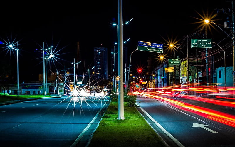 Sao Paulo, nightscape, traffic lights, road, Brazil, HD wallpaper
