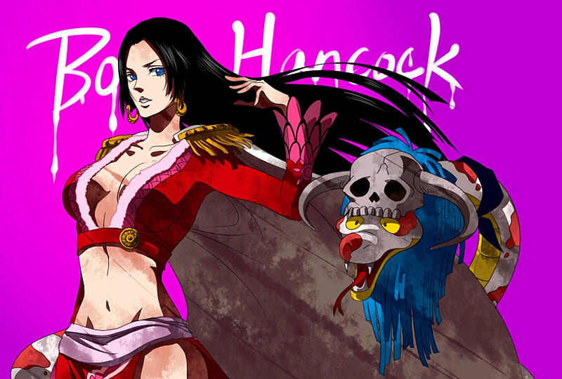 Boa Hancock, pink background, female, hancock, hancock boa, salome, one piece, girl, anime, blue eyes, long hair, skull, snake, HD wallpaper