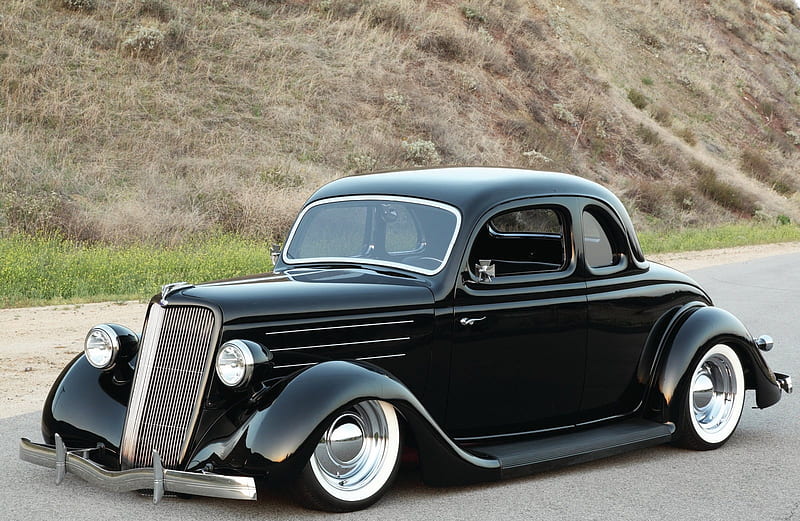 1935 Ford Custom Coupe, Muscle Car, Black, Ford, Chrome, Grass, Grill, 2 door, Running Board, Mountains, Lights, Custom, Hot Rod, Bumper, Road, HD wallpaper