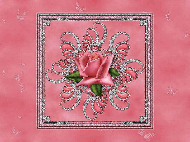 PINK ROSE , green, rose, butterflies, framed, silver, pink, leaf, HD wallpaper