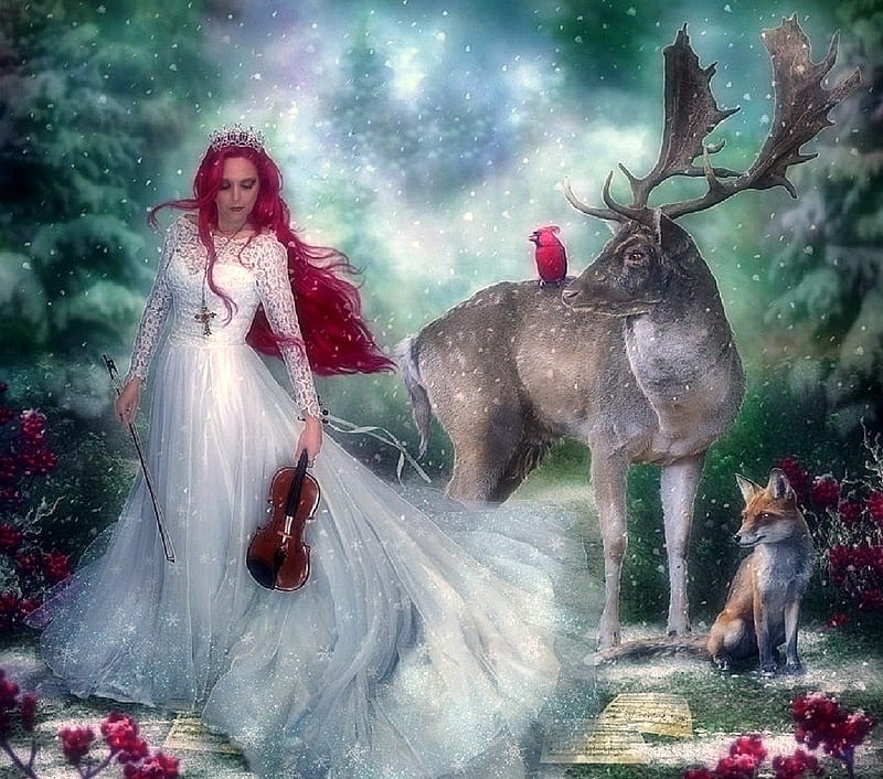~Winter Melody~, redhead, melody, attractions in dreams, creative pre-made, woman, digital art, deer, winter, fantasy, fox, manipulation, weird things people wear, forests, cardinal, HD wallpaper