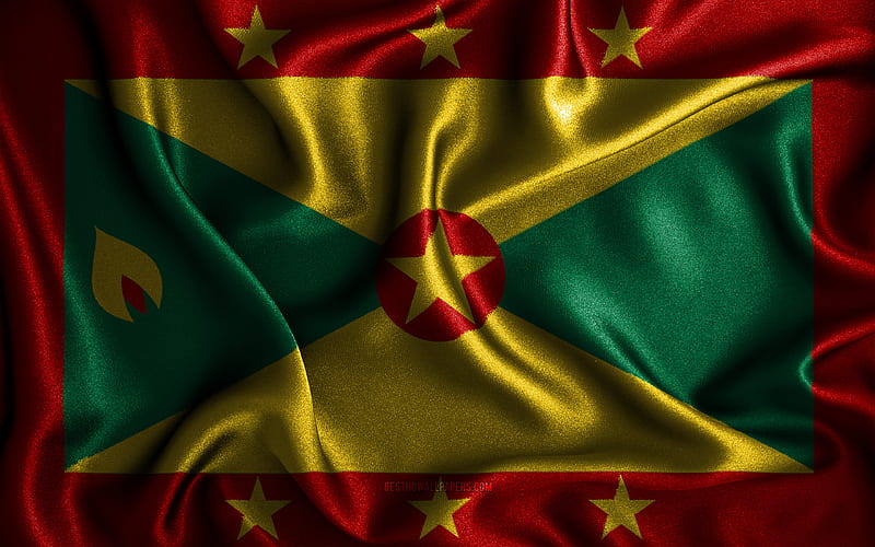 Grenadian flag silk wavy flags, North American countries, national symbols, Flag of Belize, fabric flags, Grenada flag, 3D art, Grenada, North America, Grenada 3D flag, HD wallpaper