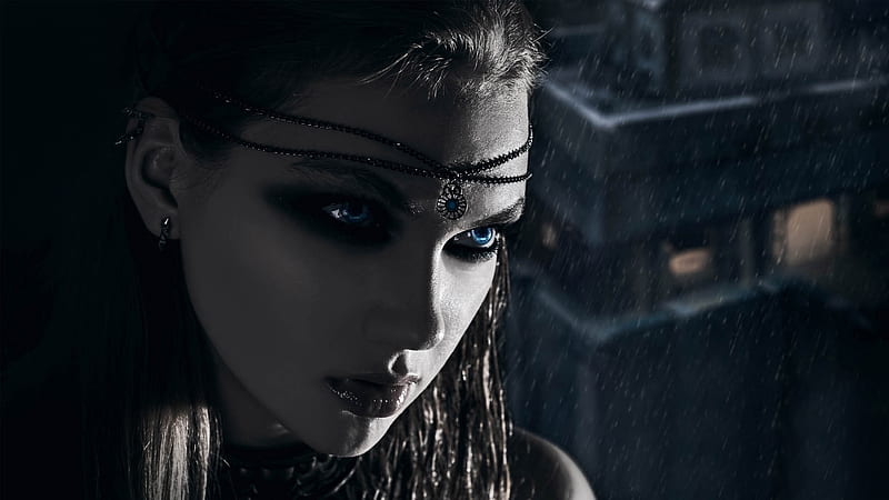 fantasy woman, pretty, blue eyes, jewelry, raining, witch, Fantasy, HD wallpaper