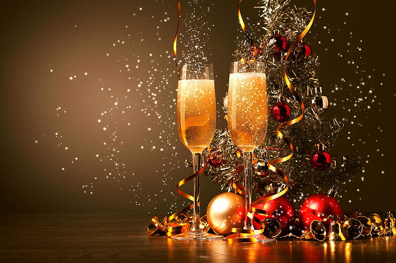 Cheers, glasses, bonito, nice, reflection, lovely, holiday, christmas, wine, decoration, new year, mood, sparkles, happy, merry christmas, balls, champagne, HD wallpaper