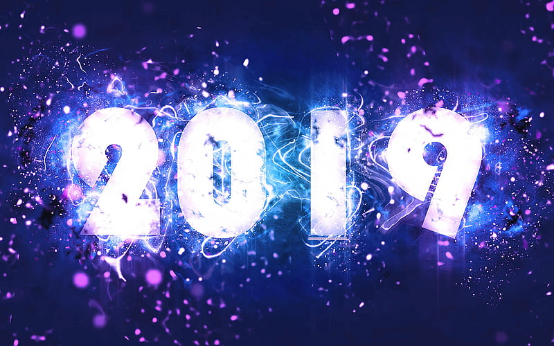 2019 year blue-purple digits, abstract art, 2019 concepts, blue background, creative, Happy New Year 2019, neon lights, HD wallpaper