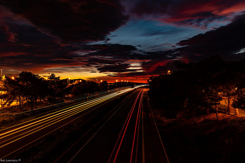road, light, long exposure, trees, sunset, dark, HD wallpaper