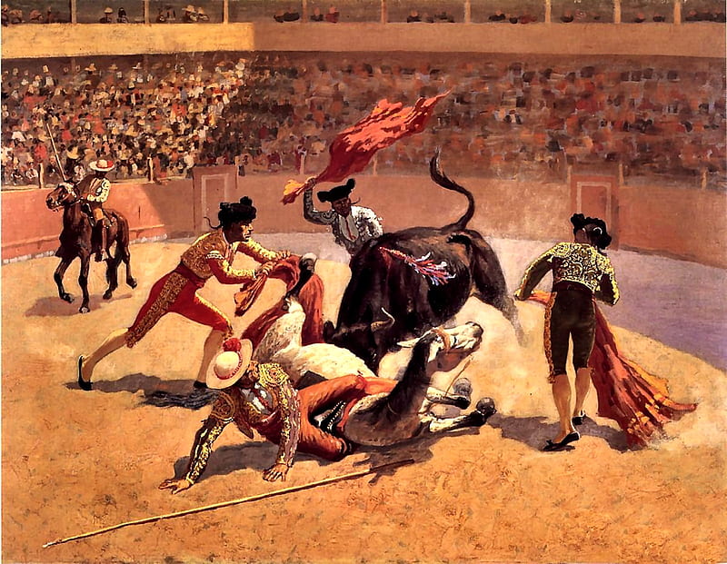 Bull Fight in Mexico, matadors, art, bonito, illustration, artwork, people, painting, wide screen, fight, bull, HD wallpaper