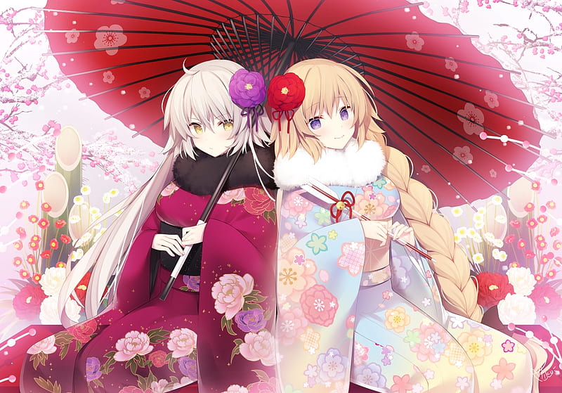 :-), girl, miko 92, umbrella, parasol, pink, couple, sakura, red, kimono, winter, HD wallpaper