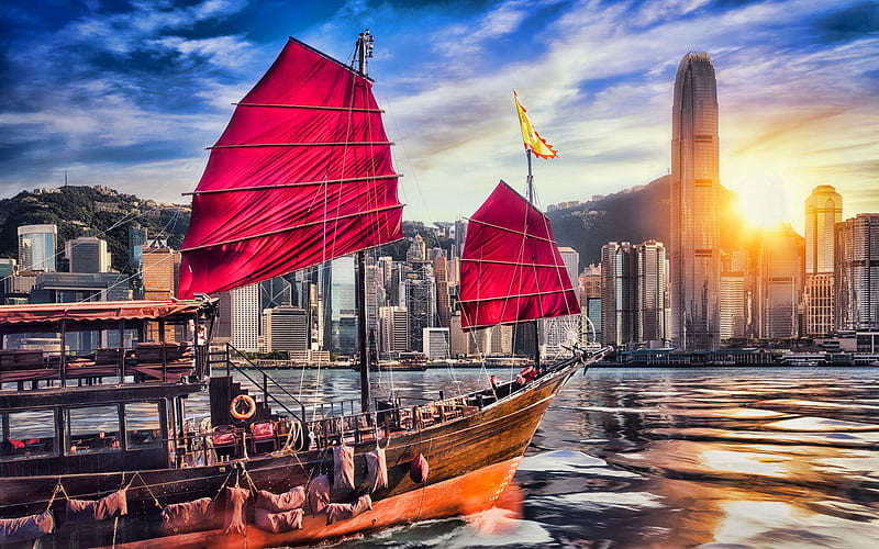 Hong Kong, Victoria Harbour, sunset, junk, skyscrapers, cityscapes, China,  Asia, HD wallpaper | Peakpx