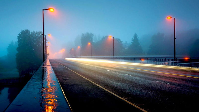 a highway bridge in a foggy rainy night, highway, bridge, rain, lights, fog, night, HD wallpaper