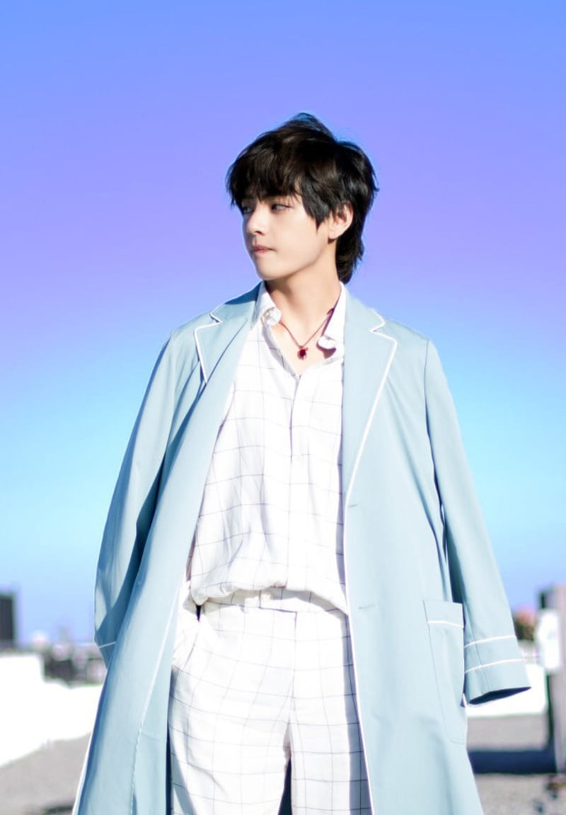 Download BTS V Light Blue Coat Wallpaper