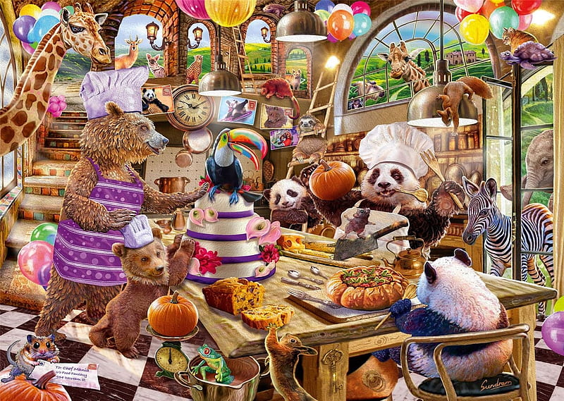 Birtay Party, cake, food, bear, birtay, animal, thanksgiving, dessert, panda, fantasy, pumpkin, party, funny, zebra, giraffe, HD wallpaper