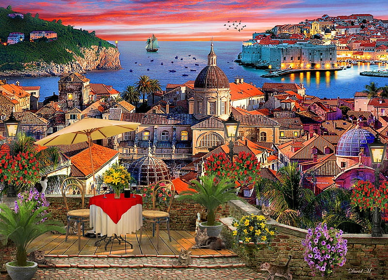 Dubrovnik, sea, veranda, table, mediterranean, houses, town, sunset, wall, church, sky, artwork, chairs, painting, HD wallpaper